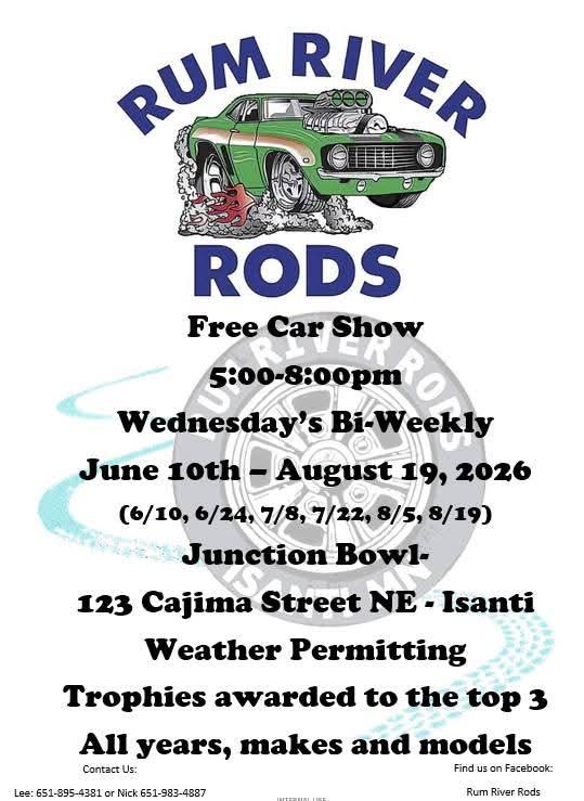 Rum River Rods Free Car Show event at Junction Bowl in Isanti, MN on July 9, 2026