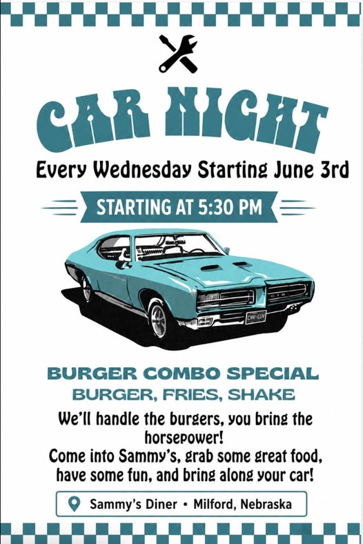 Sammy's Diner Car Night event at Sammy's Diner in Milford, NE on June 10, 2026