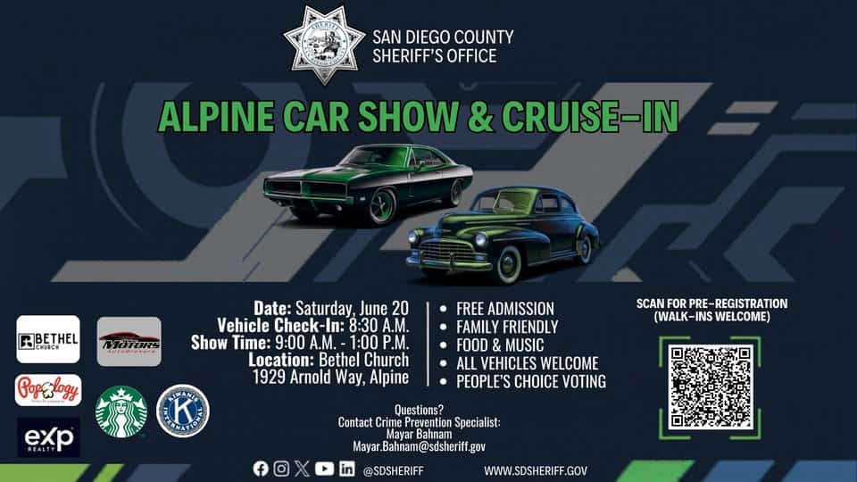 San Diego County Sheriff's Office Alpine Car Show & Cruise-In event at Bethel Church in Alpine, CA on June 20, 2026