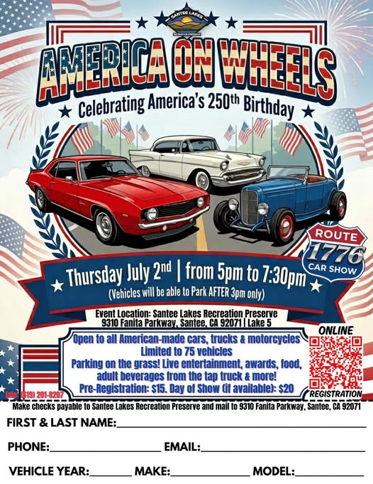 Santee Lakes America on Wheels Route 1776 Car Show event at Santee Lakes Recreation Preserve in Santee, CA on July 2, 2026