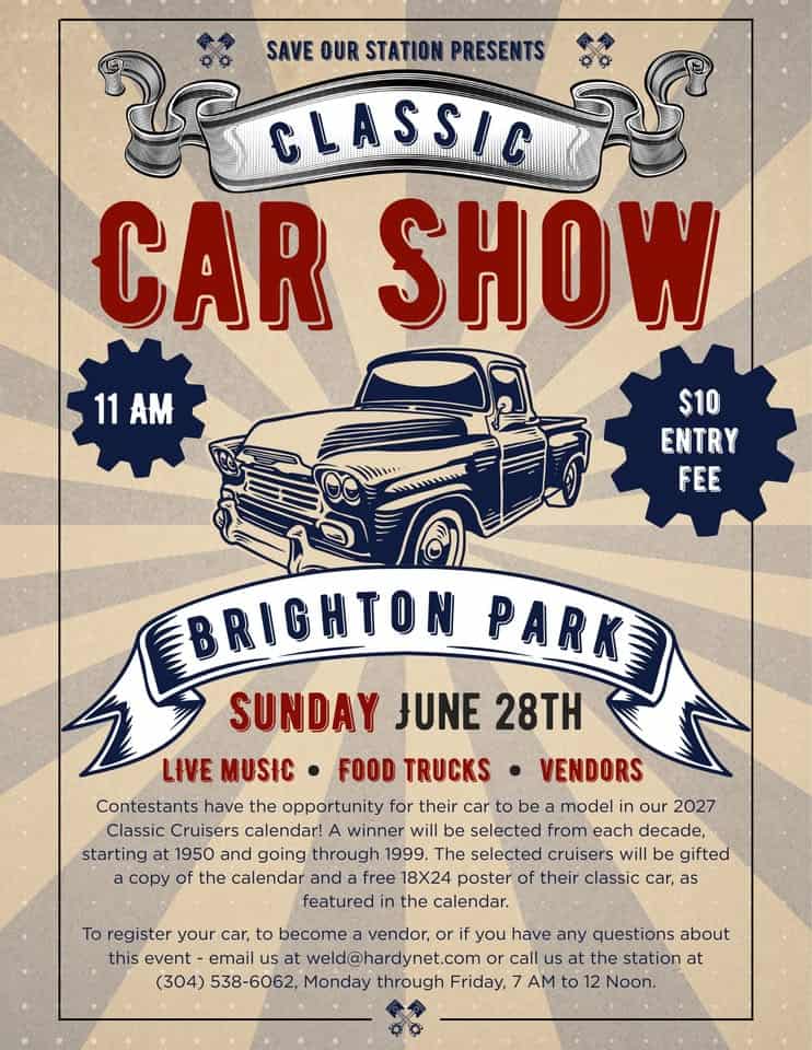 Save Our Station Classic Car Show event at Brighton Park in Moorefield, WV on June 28, 2026