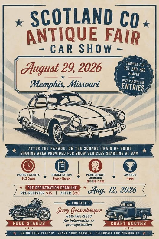 Scotland Co Antique Fair Car Show event at City Square in Memphis, MO on August 29, 2026