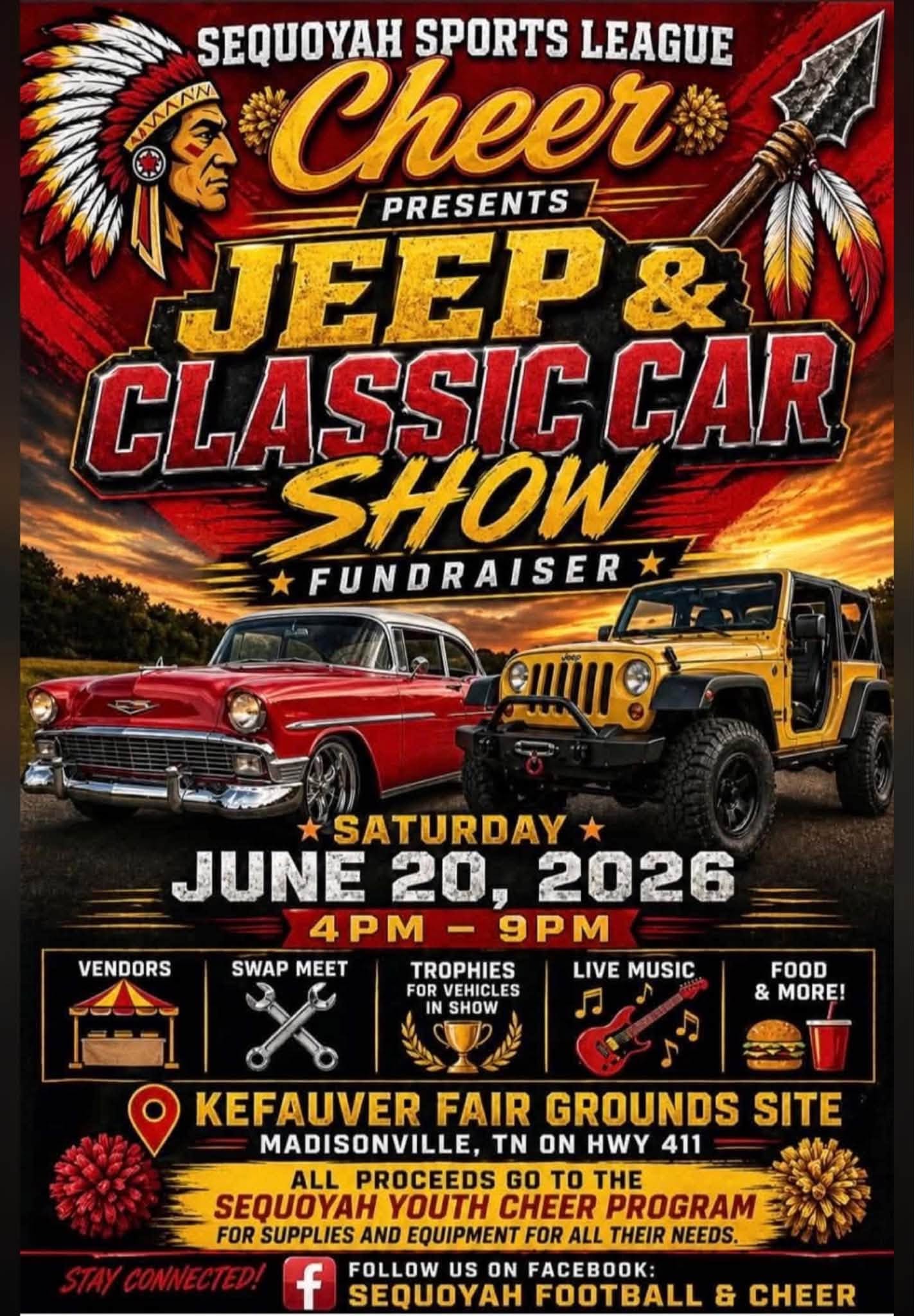 Sequoyah Sports League Cheer Jeep & Classic Car Show Fundraiser event at Kefauver Fair Grounds Site in Madisonville, TN on June 20, 2026