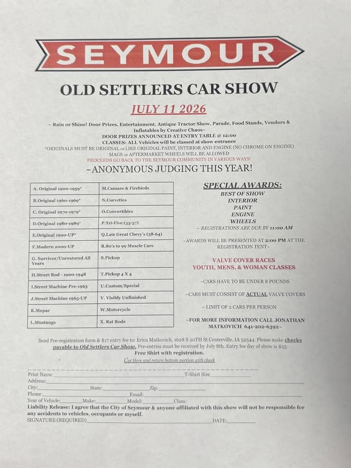 Seymour Old Settlers Car Show event at Sapphire Repair Center in Centerville, IA on July 11, 2026