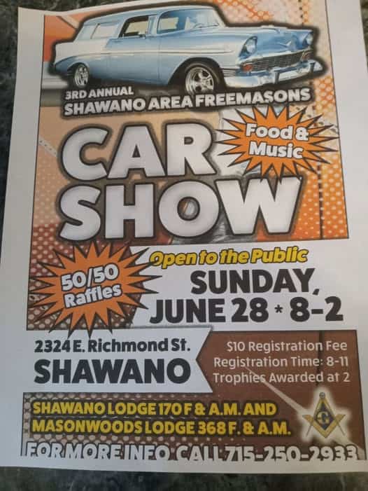 Shawano Area Freemasons 3rd Annual Car Show event at Shawano Lodge 170 F & A.M. and Masonwood Lodge 368 F & A.M. in Shawano, WI on June 28, 2026