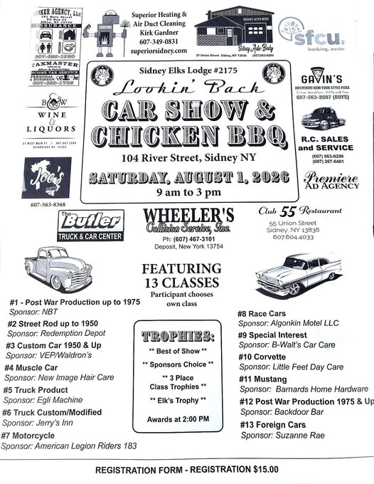Sidney Elks Lodge #2175 Lookin' Back Car Show & Chicken BBQ event at 104 River Street in Sidney, NY on August 1, 2026