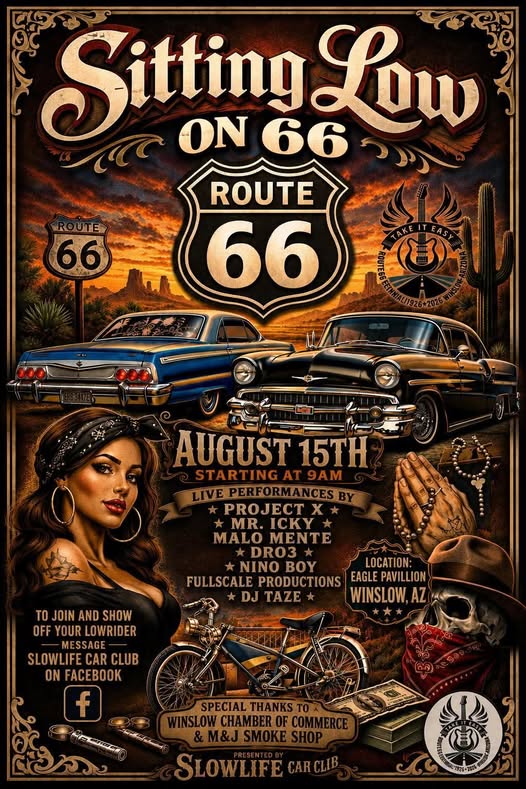 Slowlife Car Club Sitting Low on 66 event at Eagle Pavilion in Winslow, AZ on August 15, 2026