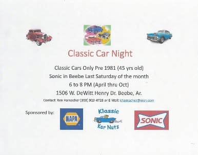 Sonic in Beebe Classic Car Night event at Sonic in Beebe, AR on July 25, 2026