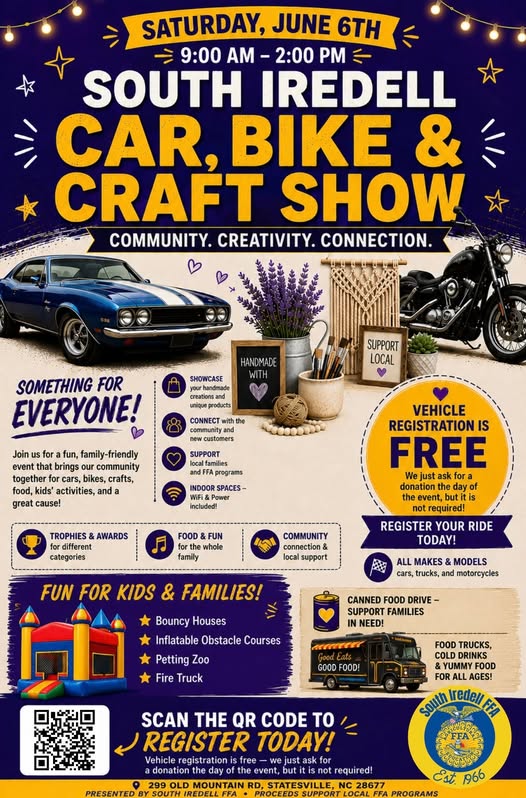 South Iredell Car, Bike & Craft Show event at 299 Old Mountain Rd in Statesville, NC on June 6, 2026