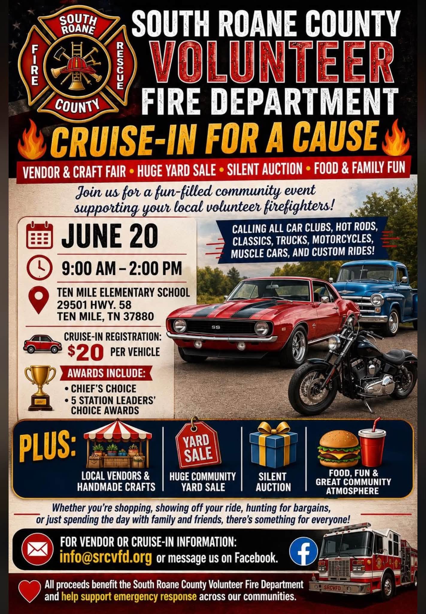 South Roane County Volunteer Fire Department Cruise-In for a Cause event at Ten Mile Elementary School in Ten Mile, TN on June 20, 2026