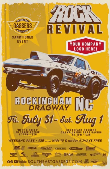 Southeast Gassers Rock Revival event at Rockingham Dragway in Rockingham, NC on July 31, 2026