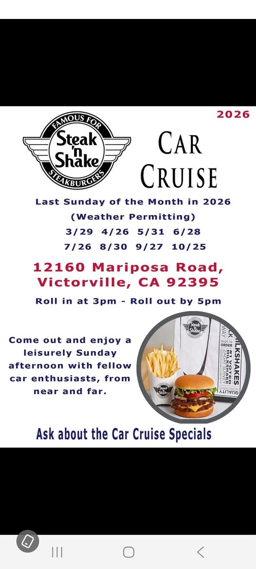Steak 'n Shake Car Cruise event at Steak 'n Shake in Victorville, CA on July 26, 2026
