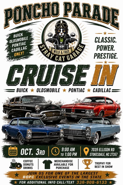 Stray Cat Garage Poncho Parade Cruise in event at Stray Cat Garage in Stokesdale, NC on October 3, 2026
