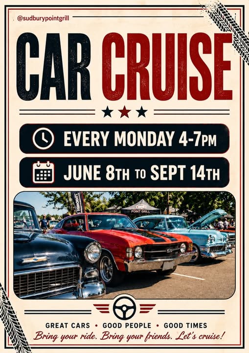 Sudbury Point Grill Car Cruise event at Sudbury Point Grill in Sudbury, MA on June 22, 2026