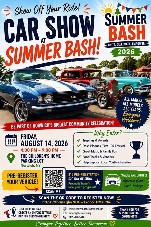 Summer Bash Car Show at Summer Bash! event at The Children's Home Parking Lot in Norwich, NY on August 14, 2026