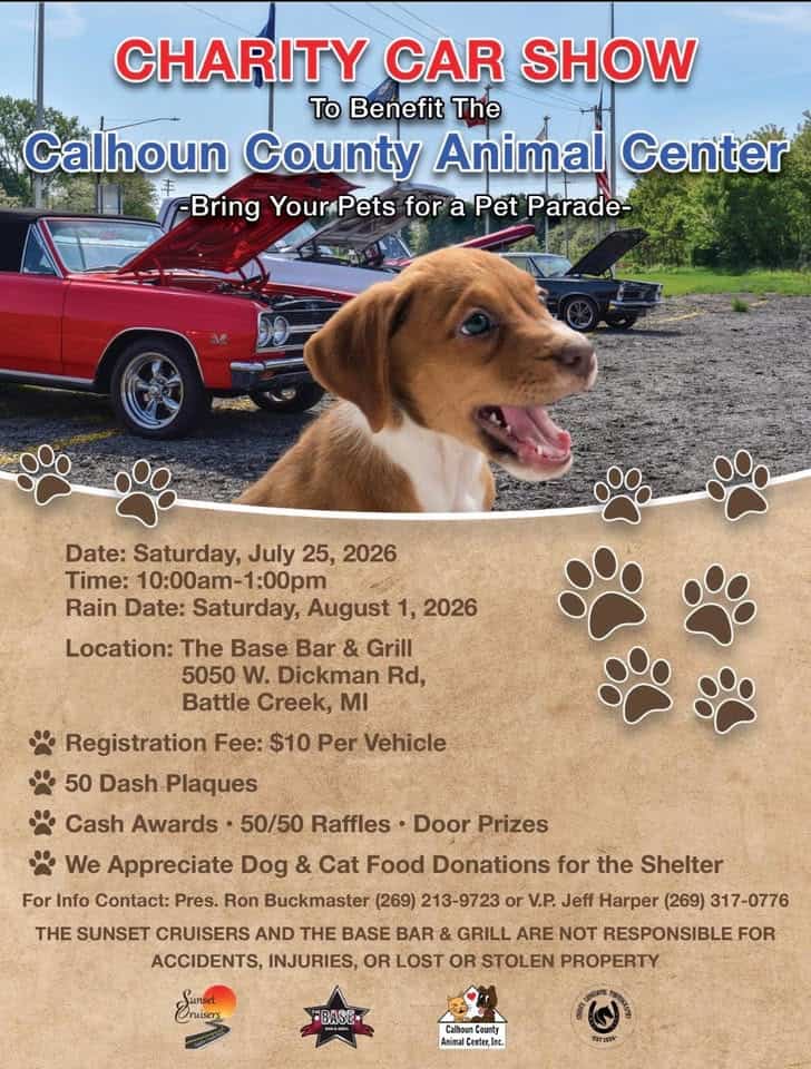 Sunset Cruisers Charity Car Show to Benefit the Calhoun County Animal Center event at The Base Bar & Grill in Battle Creek, MI on July 25, 2026
