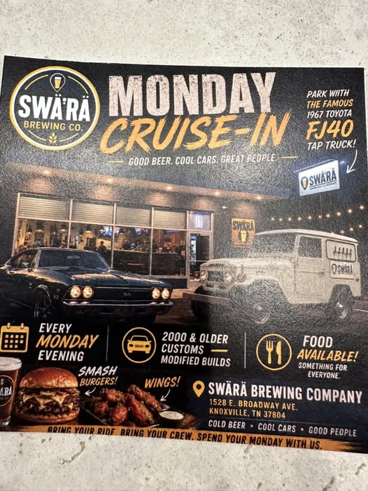 Swara Brewing Company Monday Cruise-In event at Swara Brewing Company in Knoxville, TN on June 29, 2026