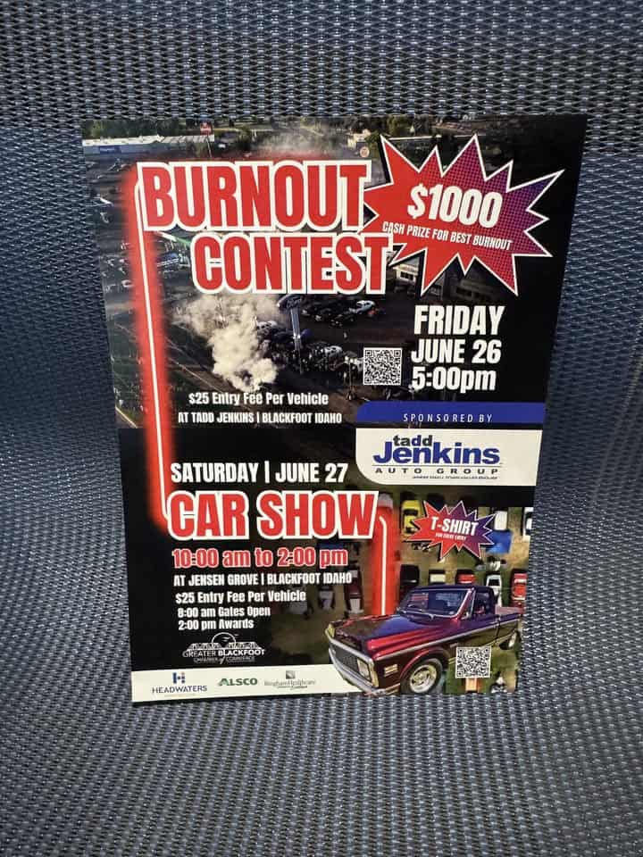 Tadd Jenkins Auto Group Burnout Contest & Car Show event at Tadd Jenkins Ford Chrysler Dodge Jeep Ram in Blackfoot, ID on June 26, 2026