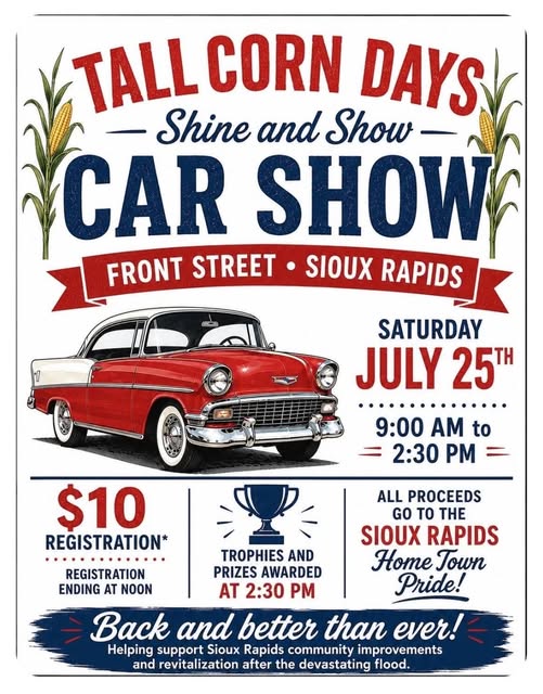 Tall Corn Days Shine and Show Car Show event at Front Street in Sioux Rapids, IA on July 25, 2026