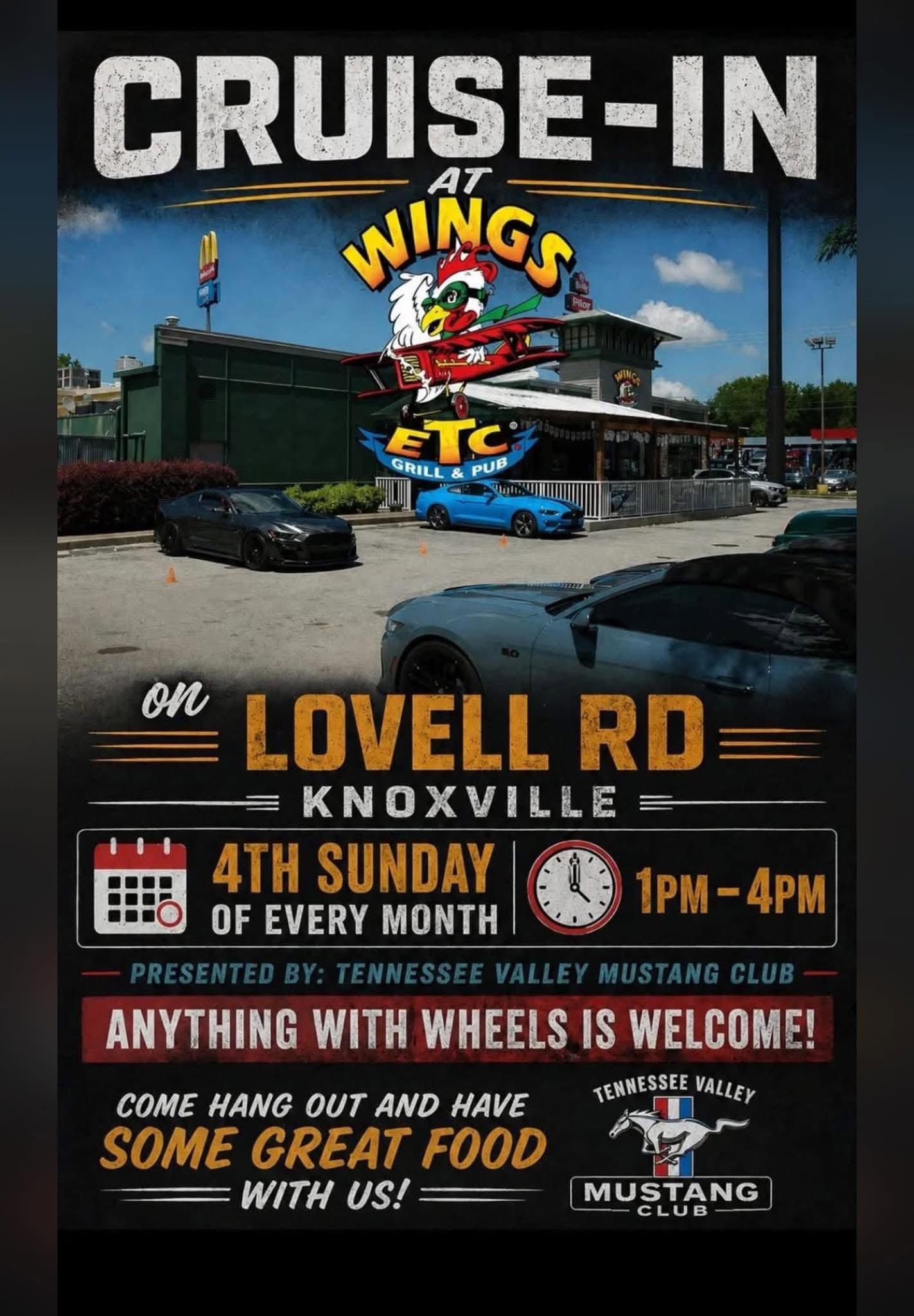 Tennessee Valley Mustang Club Cruise-In at Wings Etc event at Wings Etc Grill & Pub in Knoxville, TN on July 26, 2026