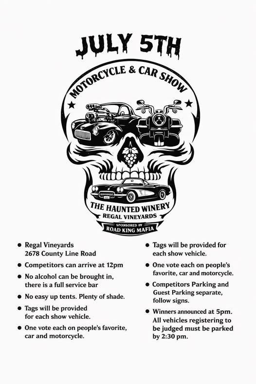 The Haunted Winery Motorcycle & Car Show event at Regal Vineyards in Geneva, OH on July 5, 2026