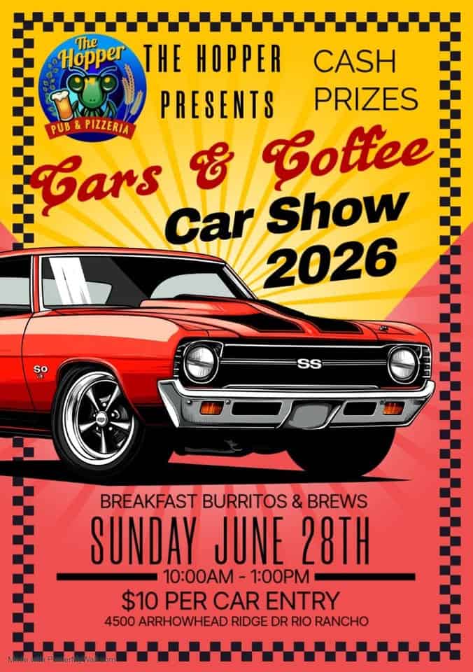 The Hopper Cars & Coffee Car Show 2026 event at The Hopper Pub & Pizzeria in Rio Rancho, NM on June 28, 2026