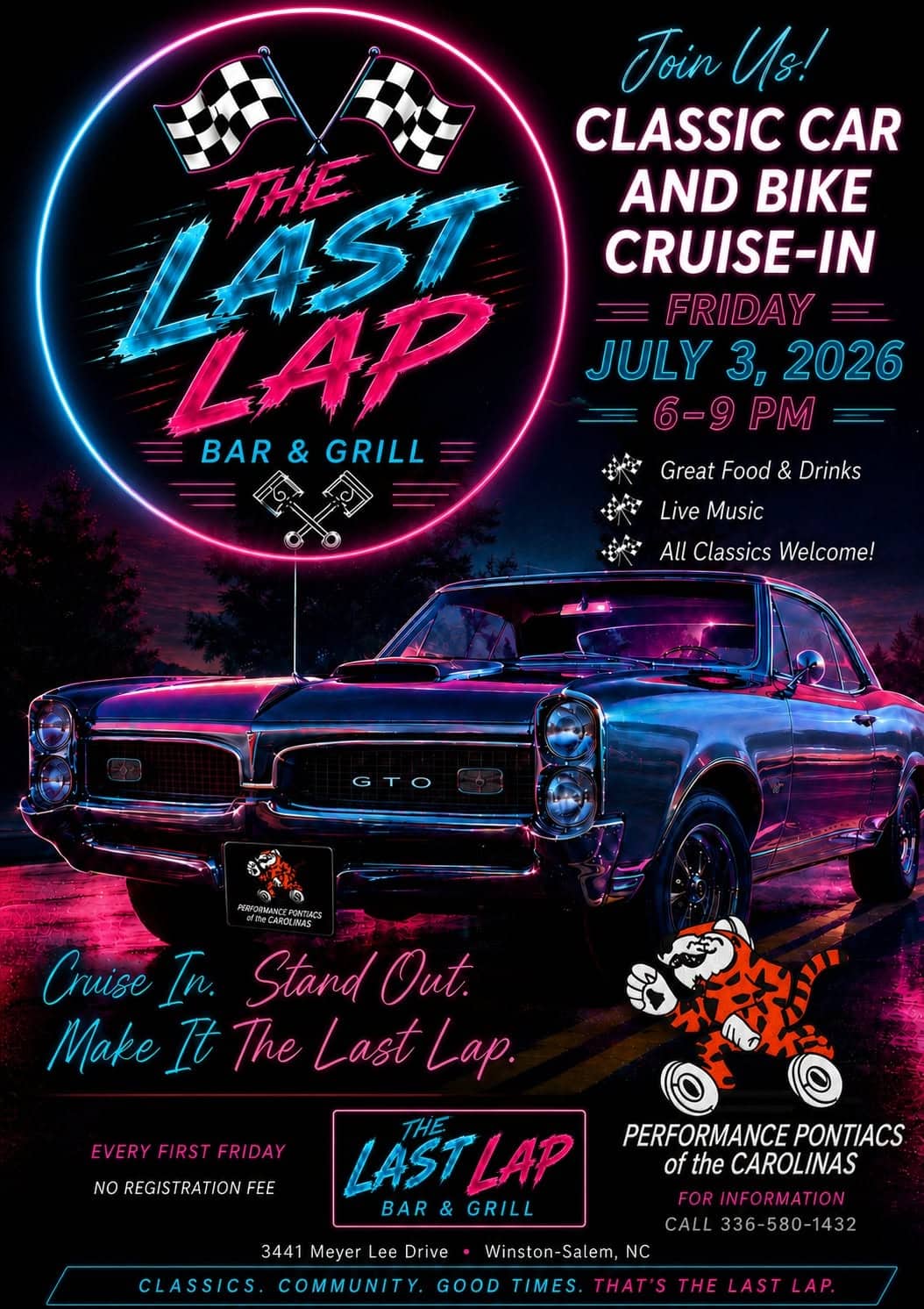 The Last Lap Bar & Grill Classic Car and Bike Cruise-In event at The Last Lap Bar & Grill in Winston-Salem, NC on July 3, 2026