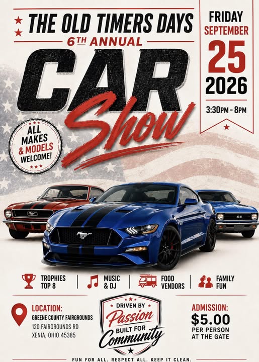 The Old Timers Days 6th Annual Car Show event at Greene County Fairgrounds in Xenia, OH on September 25, 2026