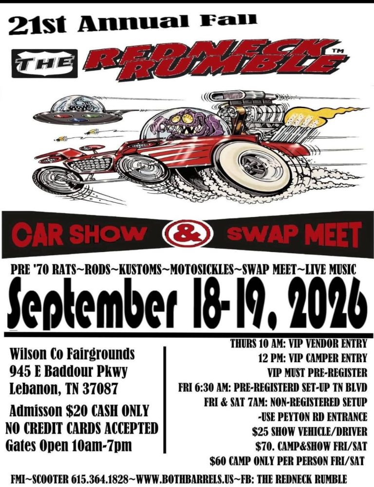 The Redneck Rumble 21st Annual Fall Car Show & Swap Meet event at Wilson Co Fairgrounds in Lebanon, TN on September 18, 2026