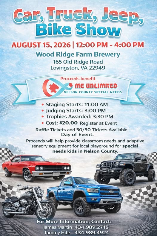 The Unlimited Nelson County Special Needs Car, Truck, Jeep, Bike Show event at Wood Ridge Farm Brewery in Lovingston, VA on August 15, 2026