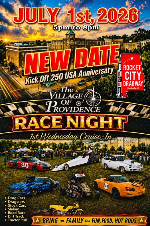 The Village of Providence Race Night 1st Wednesday Cruise-In event at The Village of Providence in Huntsville, AL on July 1, 2026