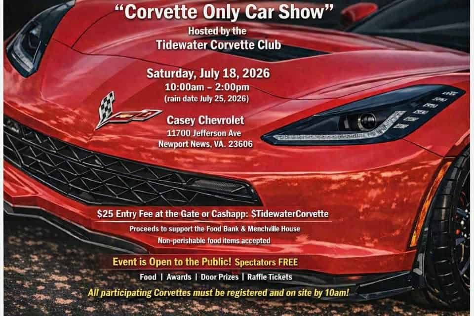 Tidewater Corvette Club Corvette Only Car Show event at Casey Chevrolet in Newport News, VA on July 18, 2026