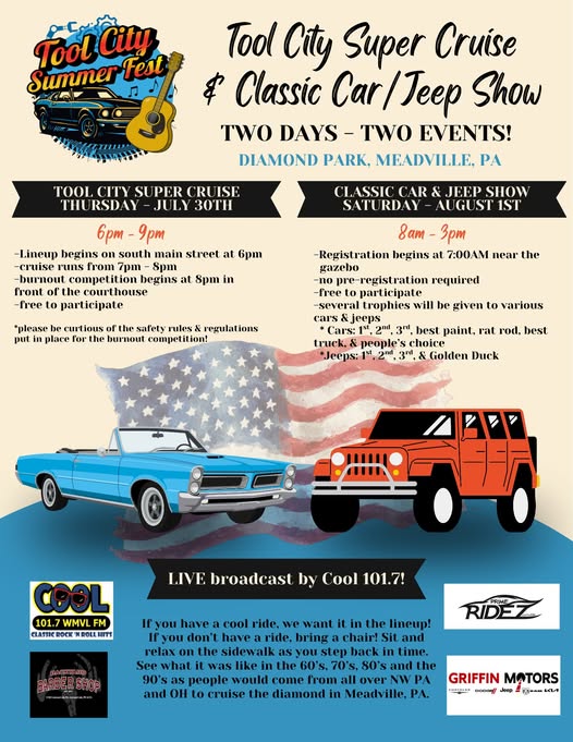 Tool City Super Cruise & Classic Car/Jeep Show event at Diamond Park in Meadville, PA on August 1, 2026