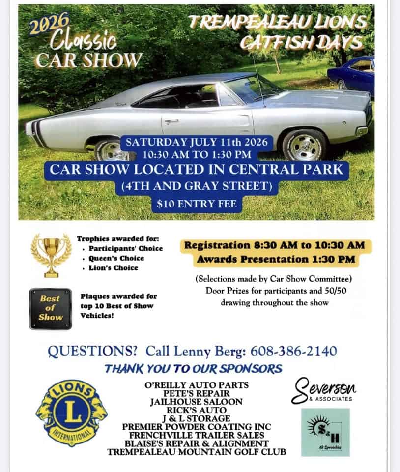 Trempealeau Lions Catfish Days Classic Car Show event at Central Park in Trempealeau, WI on July 11, 2026