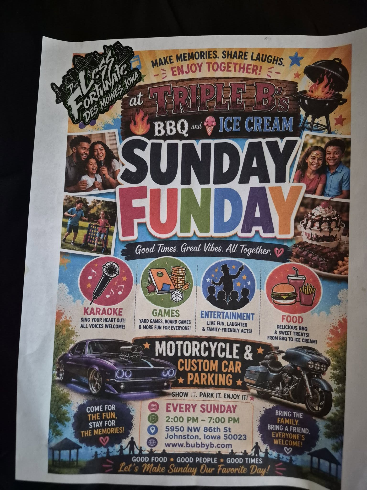 Triple-B's BBQ and Ice Cream Sunday Funday event at Triple-B's BBQ and Ice Cream in Johnston, IA on June 21, 2026