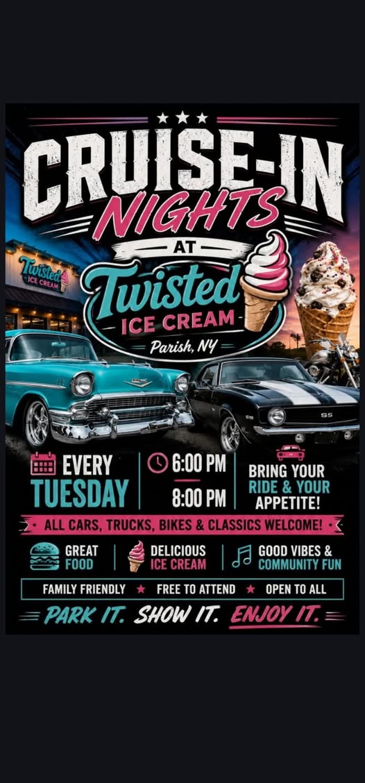 Twisted Ice Cream Cruise-In Nights event at Twisted Ice Cream in Parish, NY on June 16, 2026