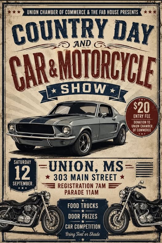 Union Chamber of Commerce Country Day Car & Motorcycle Show event at 303 Main Street in Union, MS on September 12, 2026