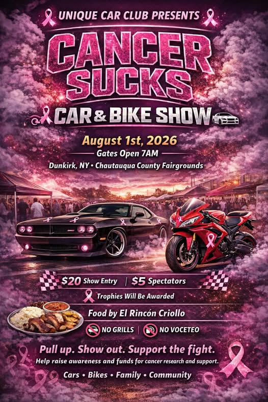 Unique Car Club Presents Cancer Sucks Car & Bike Show event at Chautauqua County Fairgrounds in Dunkirk, NY on August 1, 2026