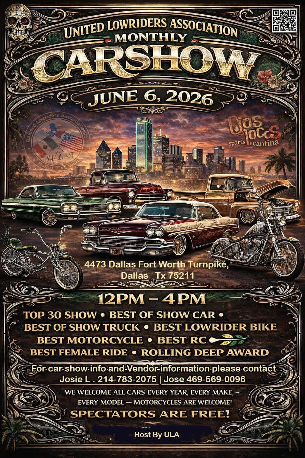 United Lowriders Association Monthly Car Show event at Los Tacos Sports Cantina in Dallas, TX on June 6, 2026