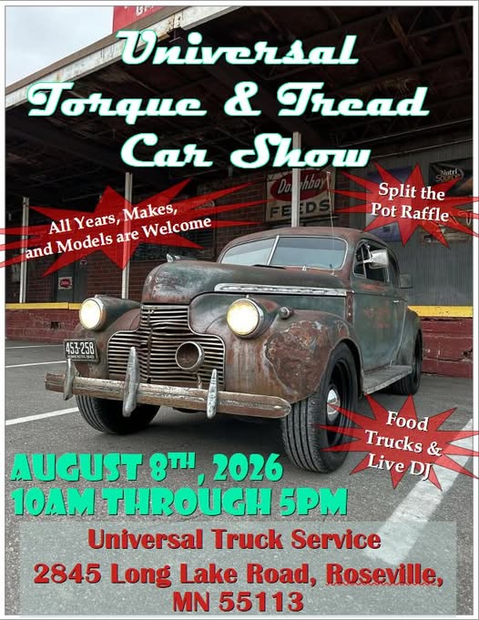 Universal Torque & Tread Car Show event at Universal Truck Service in Roseville, MN on August 8, 2026