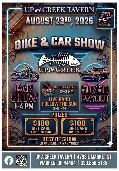 Up a Creek Tavern Bike & Car Show event at Up a Creek Tavern in Warren, OH on August 23, 2026