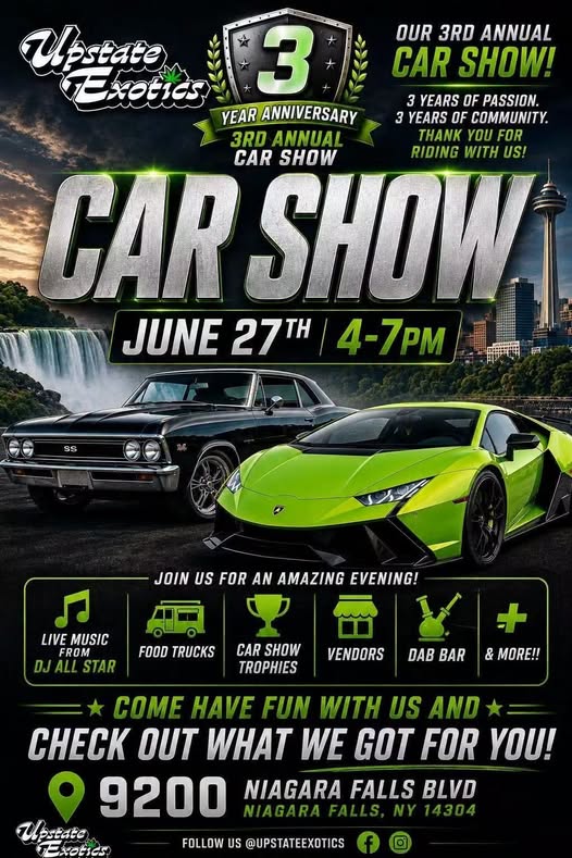Upstate Exotics 3rd Annual Car Show event at 9200 Niagara Falls Blvd in Niagara Falls, NY on June 27, 2026