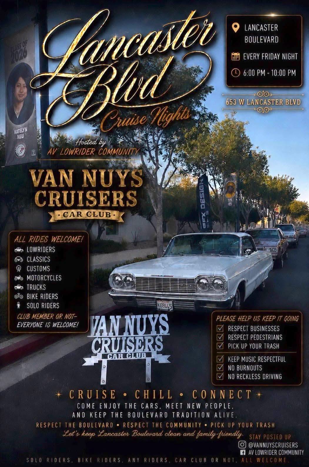 Van Nuys Cruisers Car Club Lancaster Blvd Cruise Nights event at Lancaster Boulevard in Lancaster, CA on June 26, 2026