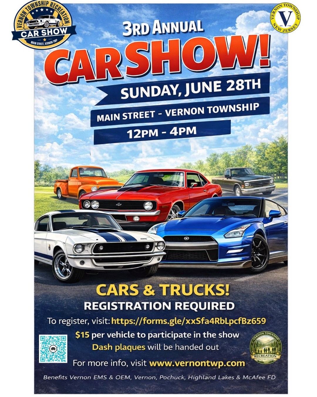 Vernon Township Recreation 3rd Annual Car Show event at Main Street in Vernon Township, NJ on June 28, 2026