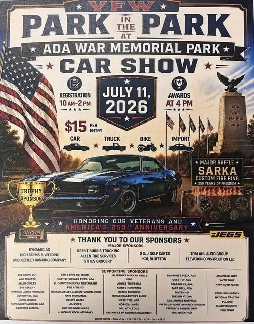 VFW Park in the Park Ada War Memorial Park Car Show event at Ada War Memorial Park in Ada, OH on July 11, 2026