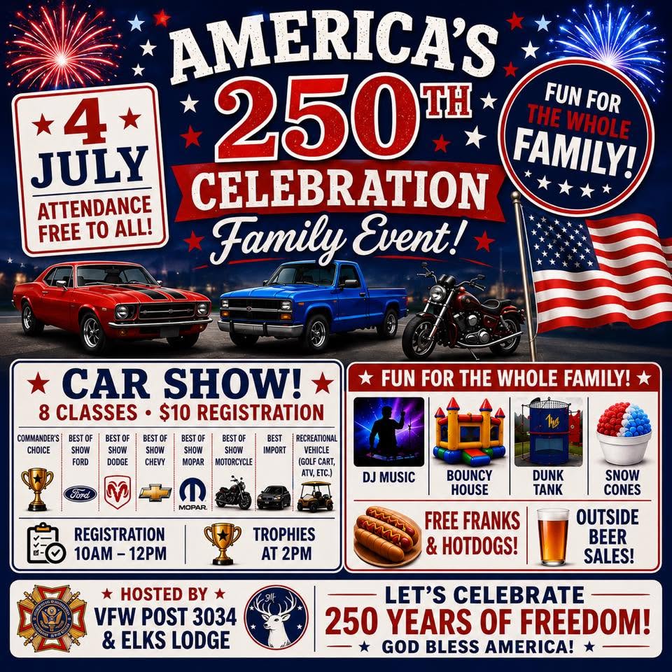 VFW Post 3034 & Elks Lodge America's 250th Celebration Car Show event at VFW Post 3034 in Sumter, SC on July 4, 2026