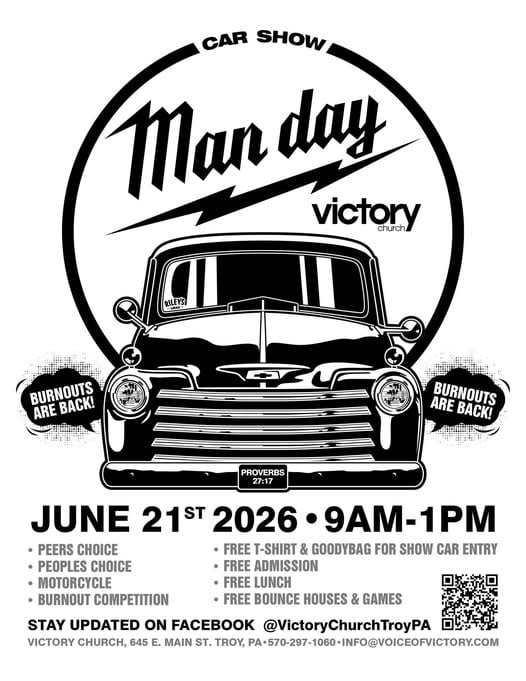 Victory Church Man Day Car Show event at Victory Church in Troy, PA on June 21, 2026