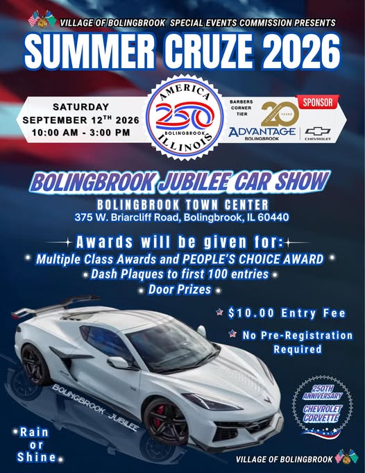 Village of Bolingbrook Summer Cruize 2026 Bolingbrook Jubilee Car Show event at Bolingbrook Town Center in Bolingbrook, IL on September 12, 2026