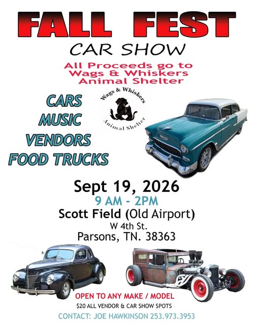 Wags & Whiskers Animal Shelter Fall Fest Car Show event at Scott Field (Old Airport) in Parsons, TN on September 19, 2026