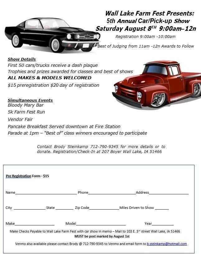 Wall Lake Farm Fest 5th Annual Car/Pick-up Show event at 207 Boyer in Wall Lake, IA on August 8, 2026